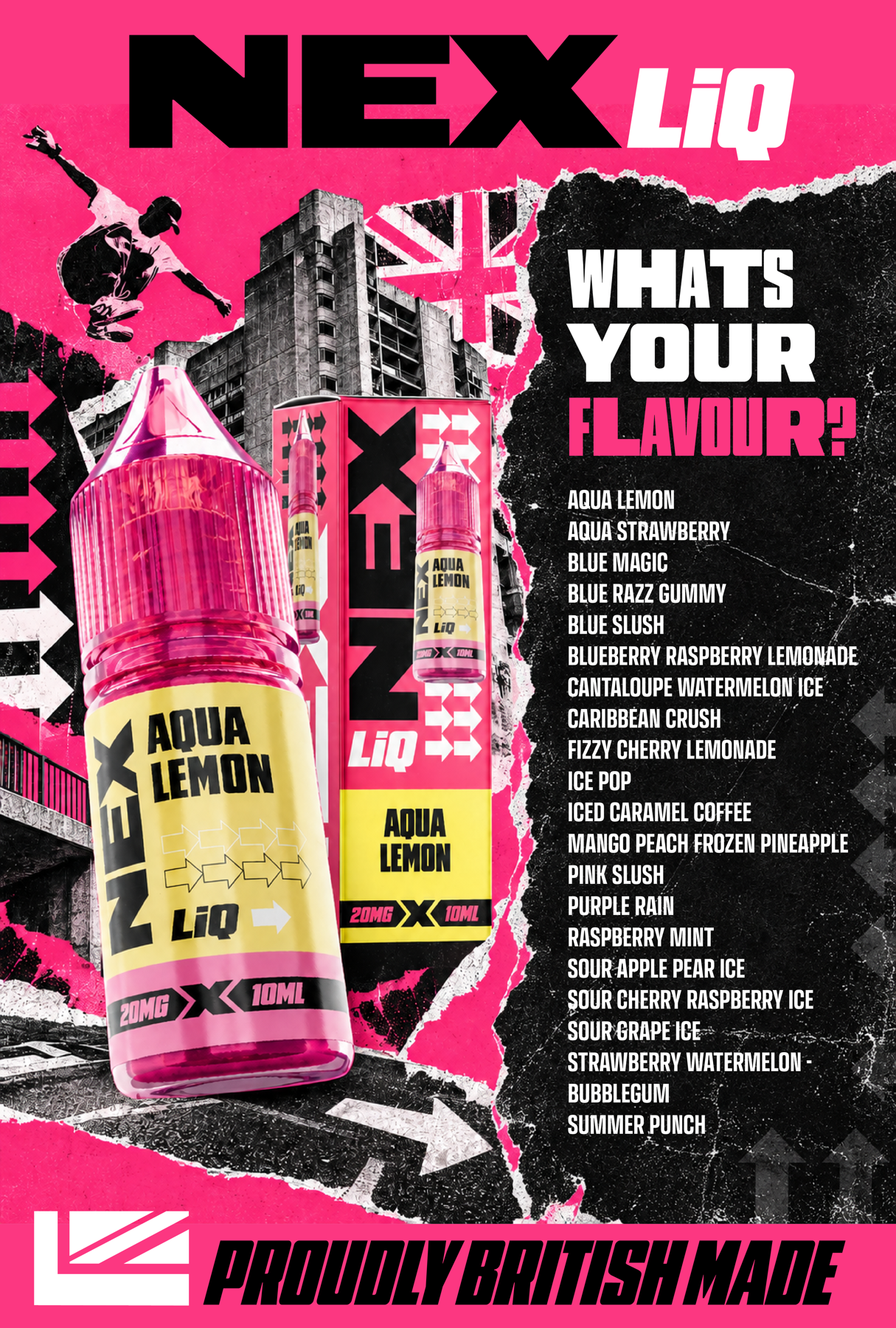NEXLiQ flavour launch artwork featuring Aqua Lemon and the twenty-flavour range