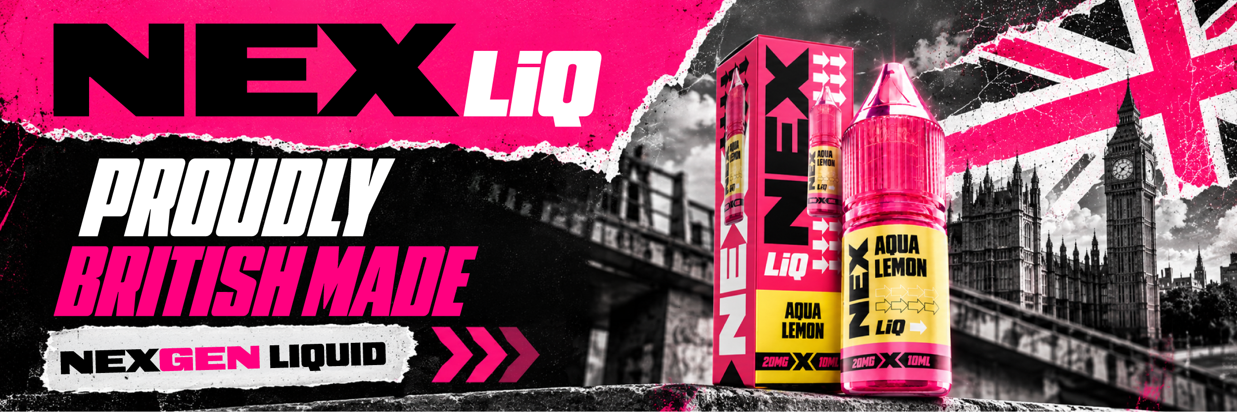 NEXLiQ — Proudly British Made. Next Gen Liquid. Aqua Lemon bottle and pack beside the Houses of Parliament.