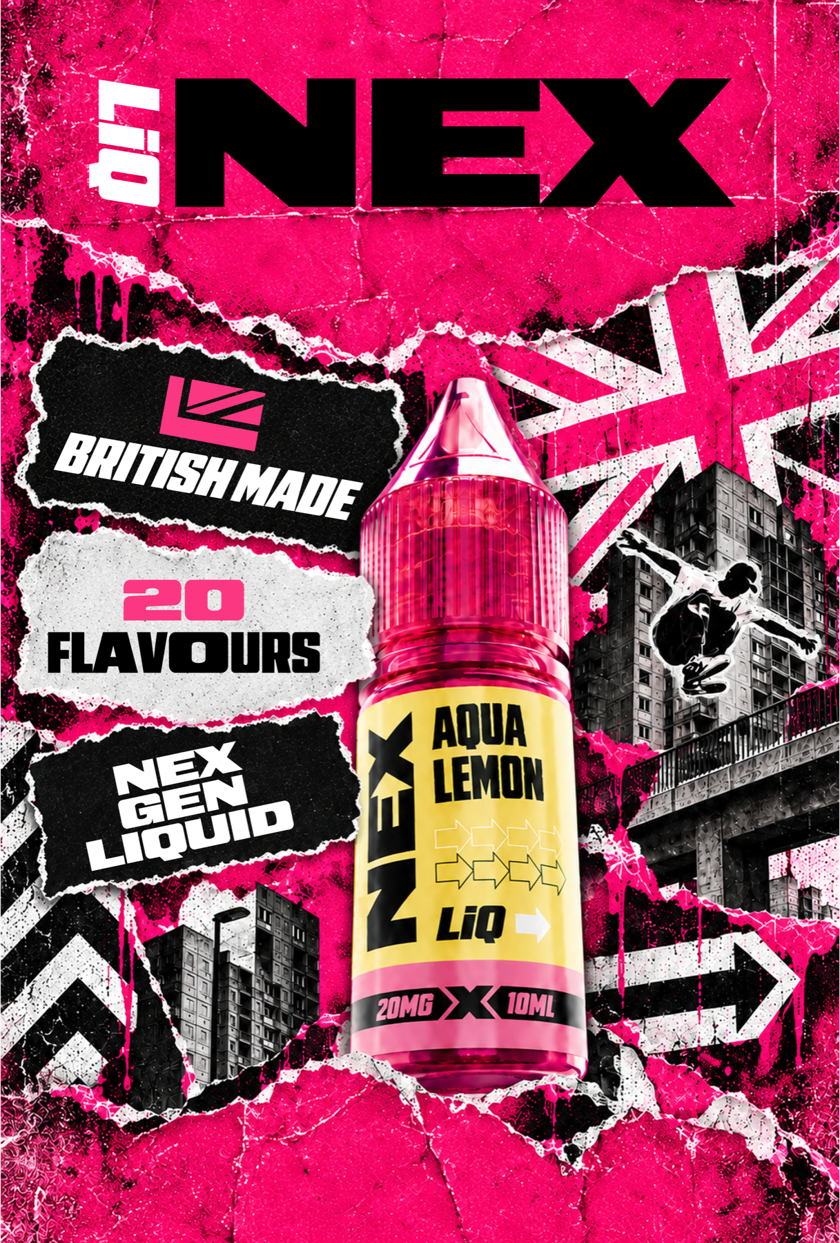 NEXLiQ Aqua Lemon bottle in a vivid British street-art collage